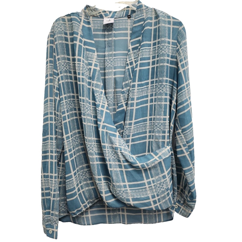 Cabi Windowpane Faux Wrap Top Womens Medium Teal Long Sleeve Office #3068